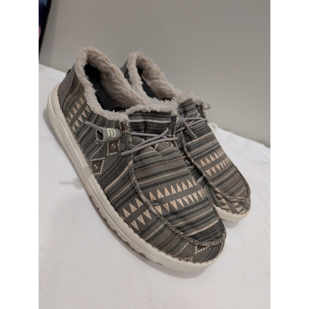 HEY DUDE Wendy Boho Stripe Grey Women's 10 Faux Fur Lined Casual Slip-On Shoes